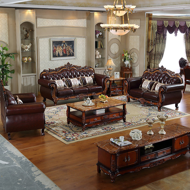 Romero Europeanstyle Living Room Carved Sofa. 92.5'' Genuine Leather